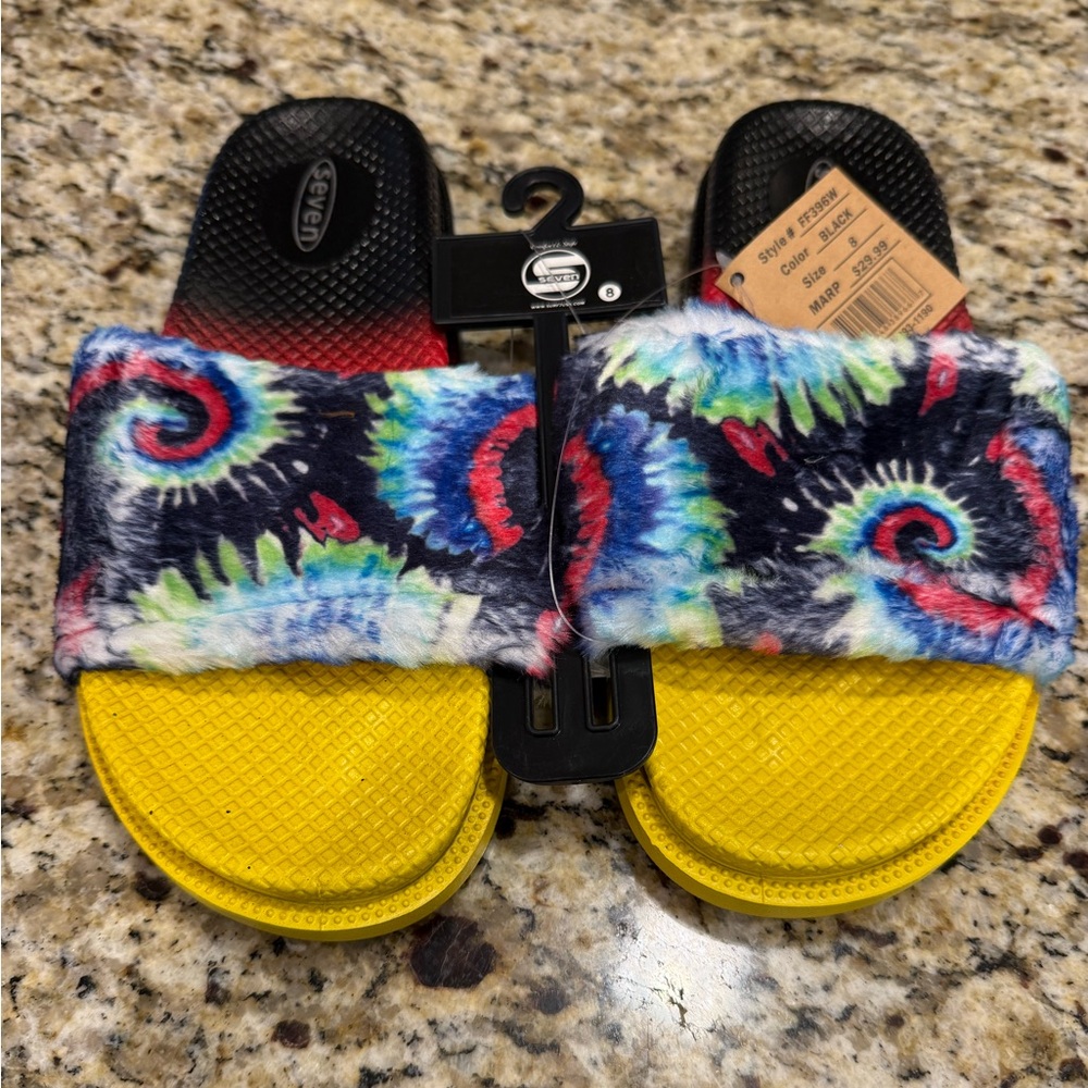 Seven tie dyed faux fur rainbow colored slides Size 8
